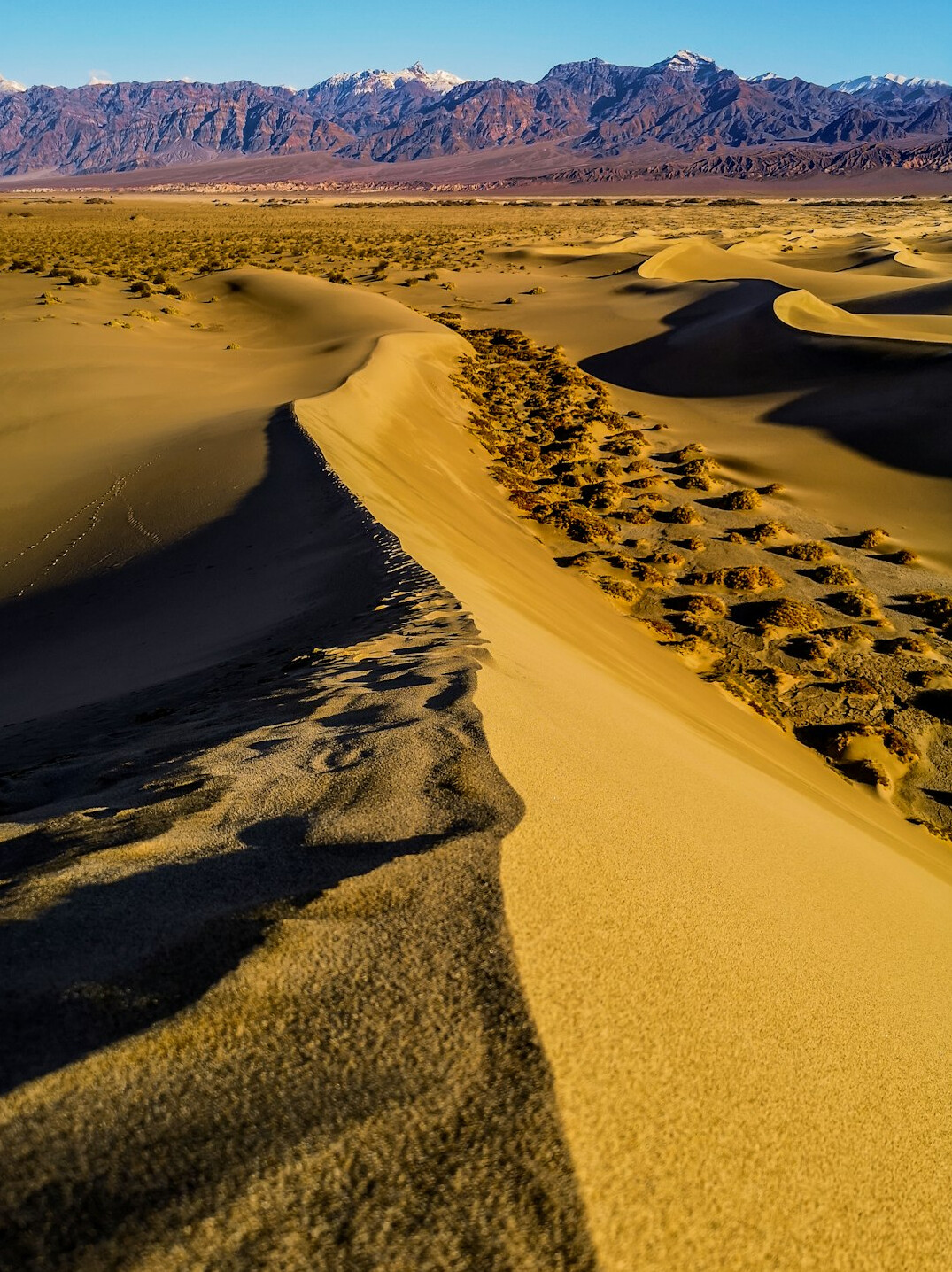 Aerial view of desert sand dunes with curved shadows